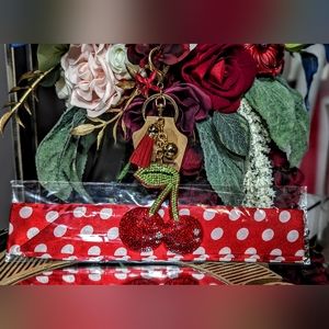 NIP Boutique Red Cherry Bag Charm Keychain & Coordinating Twilly Scarf